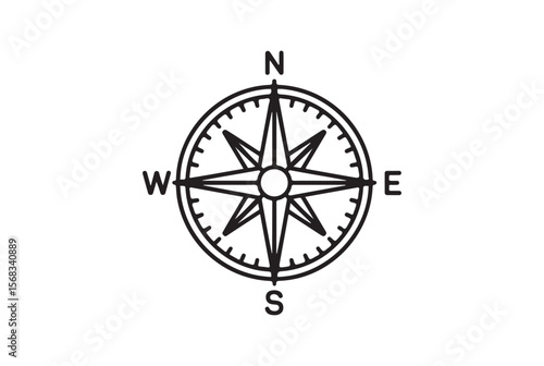 Simple black line drawing of a compass rose with cardinal directions isolated on white background