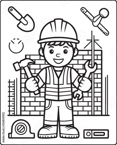 Construction worker working with tools black line art vector illustration for coloring page design for children