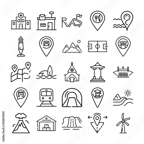 Line art icons depicting various locations and points of interest