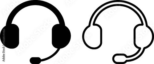 Black and white headset icons with microphone communication audio