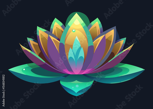 Vibrant abstract lotus flower with layered petals in purple green and gold