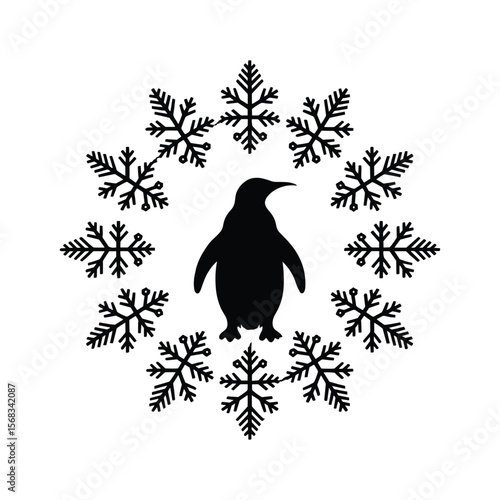Penguin Silhouette with Snowflake Winter Vector Illustration.