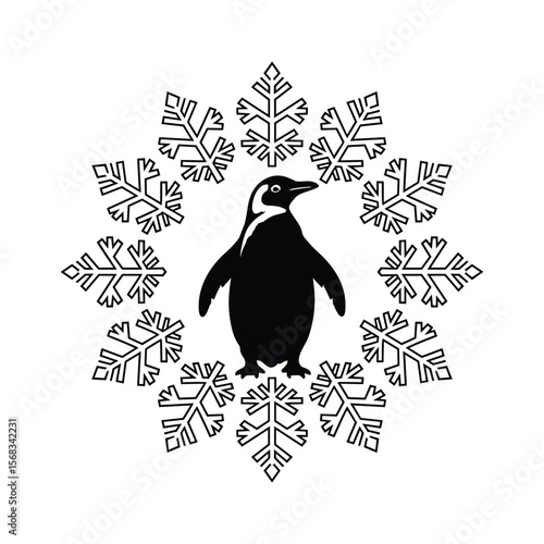 Penguin Silhouette with Snowflake Vector Illustration.
