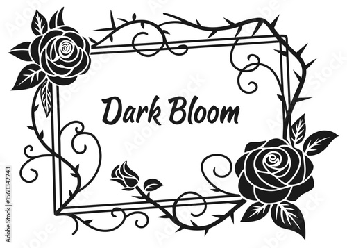 Elegant black rose and thorn border frame with dark bloom text