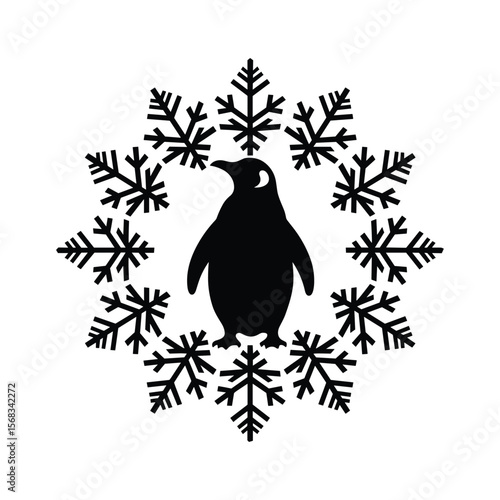 Penguin Silhouette with Snowflake Vector Illustration.