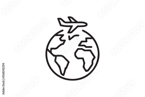 Simple outline of an airplane flying over the globe isolated on white background