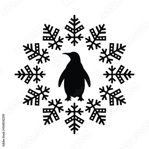 Penguin Silhouette with Snowflake Vector Illustration.