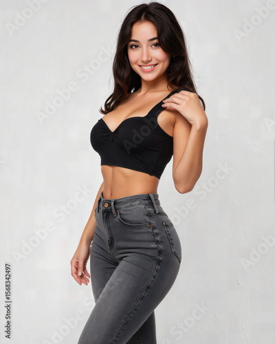 Beautiful smiling woman with a fit body in a black crop top and grey jeans, ideal for fashion or beauty ads
