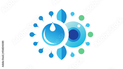 Abstract eye logo with water drops and leaves in blue and green colors