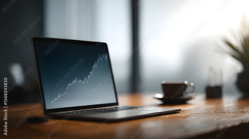 A laptop displaying a financial graph on a desk in a modern workspace long title A laptop screen showing a graph of income and expense data in a A laptop displaying a financial graph on a desk in a modern workspace long title A laptop screen showing a graph of income and expense data in a