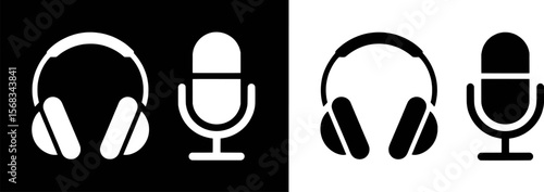 White headphones and microphone icons on black and white backgrounds audio sound