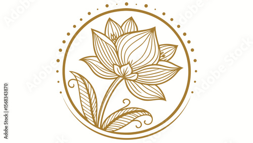 Elegant gold line art lotus flower with leaves inside a circular frame