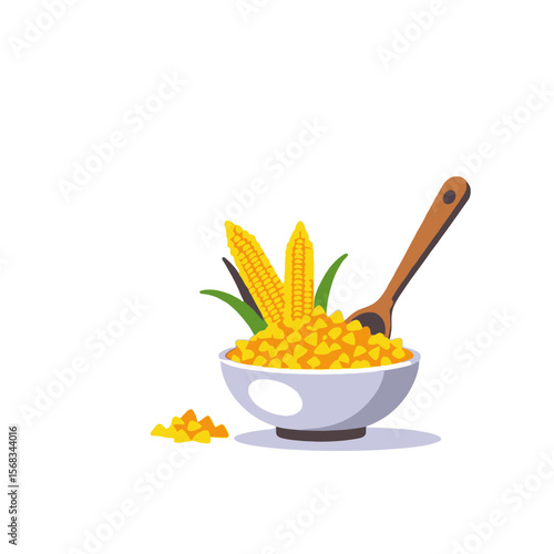 Fresh Corn Kernels in a Bowl with Wooden Spoon- Sweet Corn Vector Illustration- Healthy Eating Concept- Vegetarian Food- Delicious Corn Recipe- Farm Fresh Produce