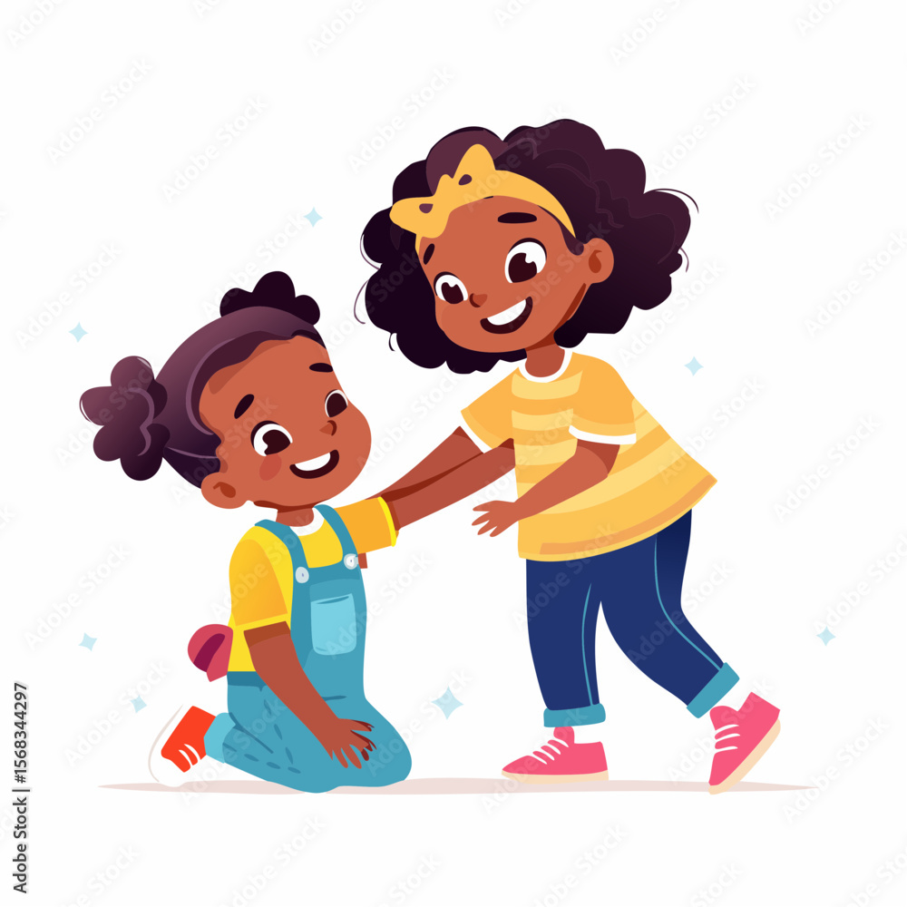 A kind child helps a classmate up after a fall, smiling warmly�highlighting empathy, emotional strength, and social values in early childhood development A kind child helps a classmate up after a fall, smiling warmly�highlighting empathy, emotional strength, and social values in early childhood development