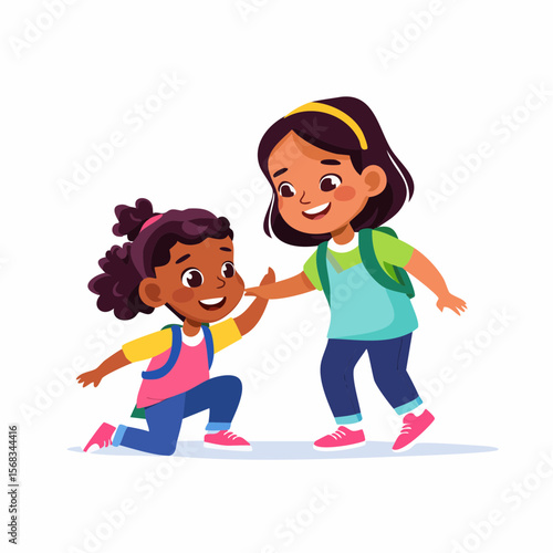A kind child helps a peer get back on their feet after a fall, sharing a warm smile and compassion�an everyday moment of empathy, connection, and emotional strength