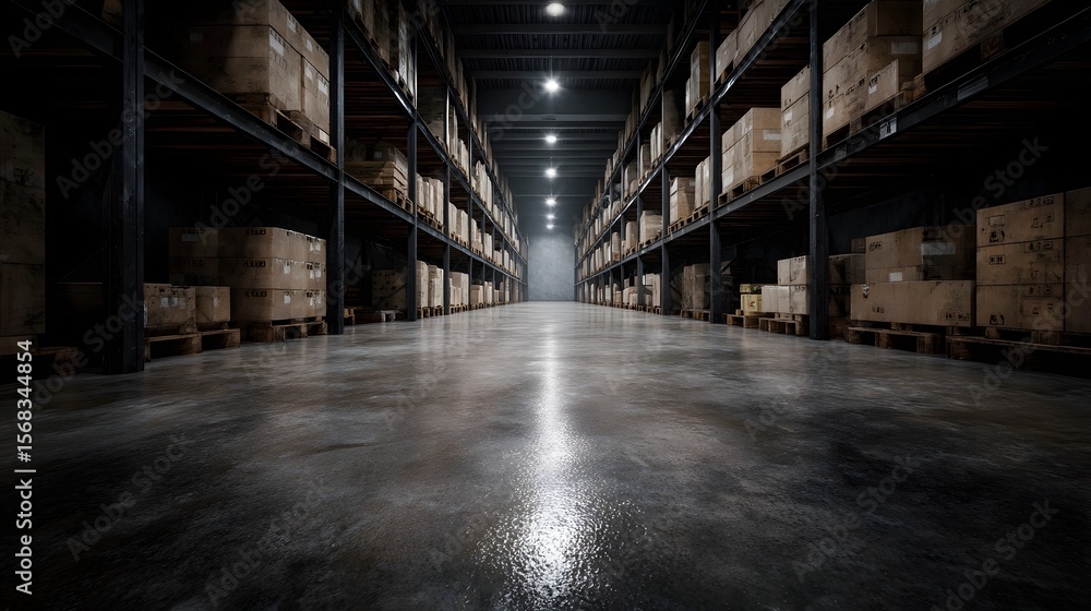 Obraz premium Vast dimly lit warehouse with high shelving units and stacked boxes