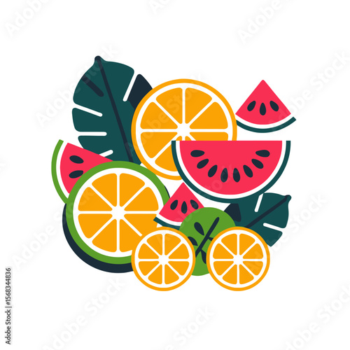 Summer Fruits-Tropical Fruits-Fresh Fruits-Vibrant Fruits-Delicious Fruits-Colorful Fruits-Healthy Fruits-Summertime Treats-Fruit Salad Design-Summer Fruit Illustration