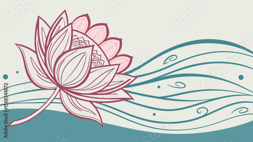 Serene Pink Lotus Flower on Water Waves Elegant Floral Illustration