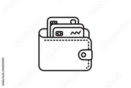 Minimalist outline icon of a wallet filled with credit cards isolated on white background