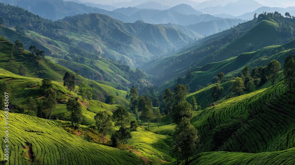 Fototapeta premium Lush Green Mountain Landscape with Rolling Hills and Forested Valleys