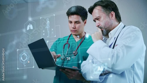 Two doctors discuss patient care using a laptop and advanced AI systems, analyzing medical data for accurate diagnosis and treatment planning.