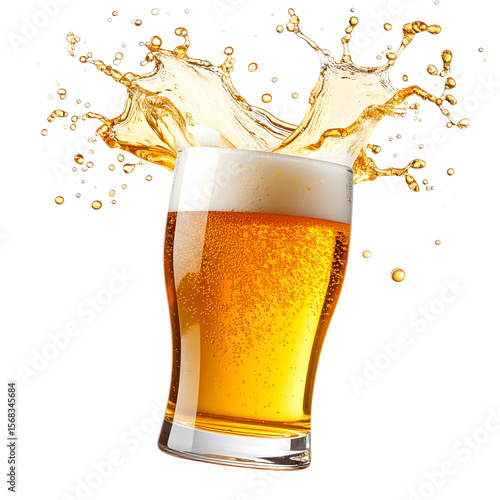 “Golden Beer Splashing Out of Tipped Pint Glass, Dynamic Angle, isolated on a transparent background”.