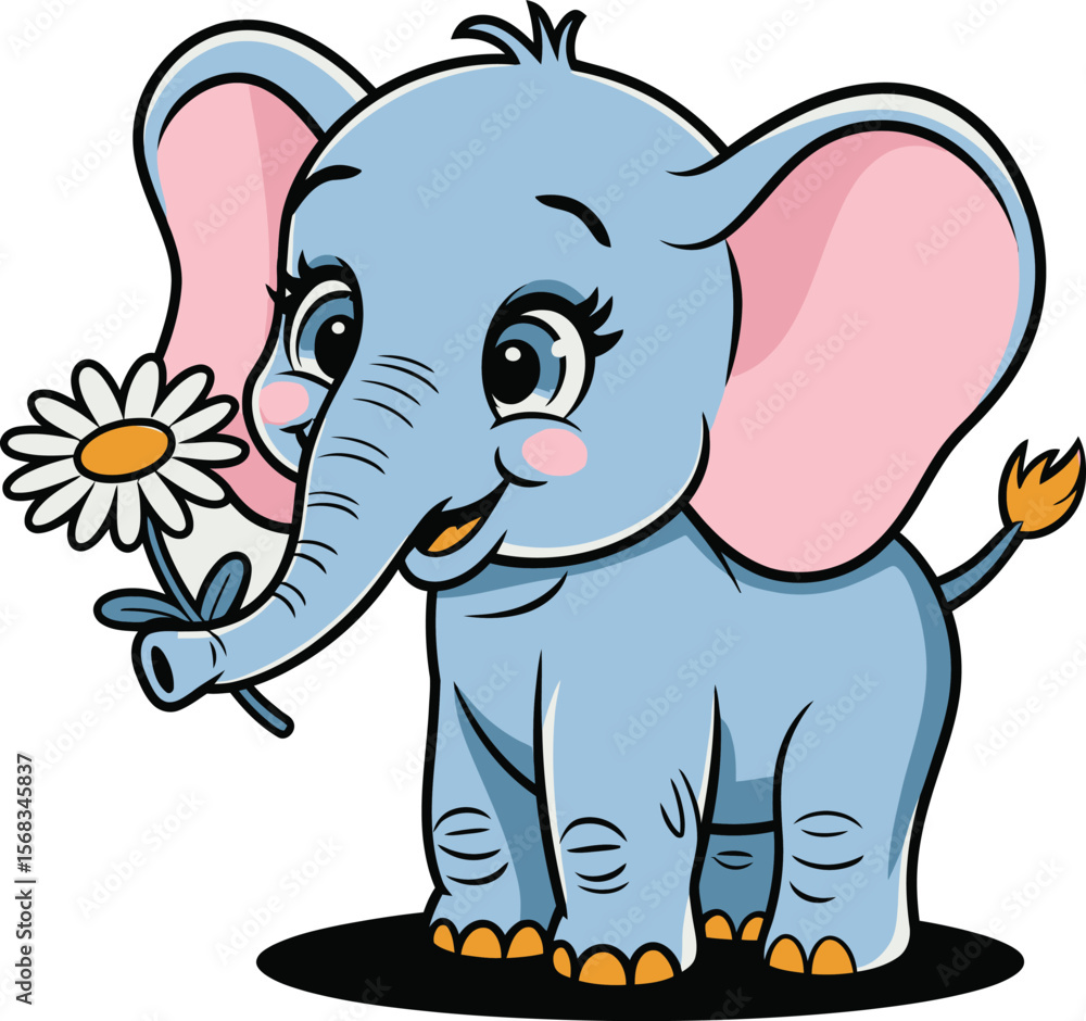 Adorable cartoon elephant vector holding flower with big ears and smiling face for kids art design
Adorable cartoon elephant vector holding flower with big ears and smiling face for kids art design