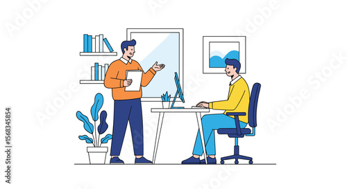 Two colleagues collaborating in an office setting discussing a project with a manager overseeing the work attentively