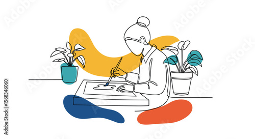 Creative artist meticulously working on a beautiful painting surrounded by lush potted plants and abstract colorful shapes illustrating a peaceful studio environment