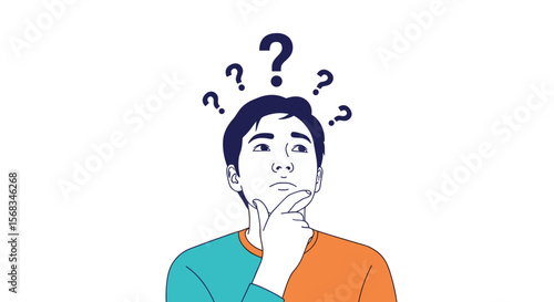 Young man thinking about a complex problem surrounded by question marks showing uncertainty and curiosity