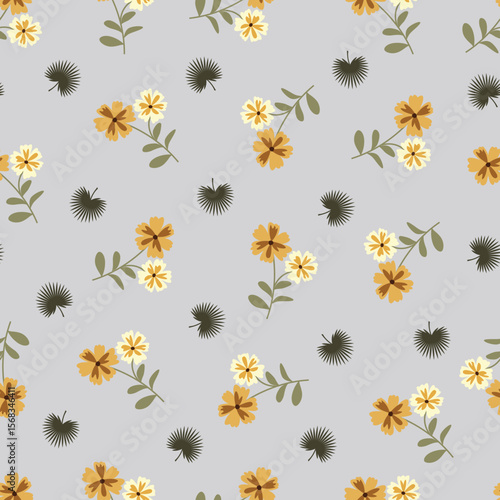 Scandinavian flowers vector seamless pattern. Floral surface design of yellow scandi flowers and fan palm leaves
