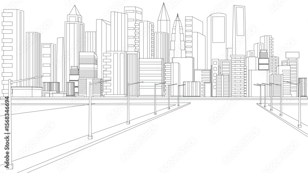 Fototapeta premium City Skyline with Road and Street Lights, Hand drawn city building illustration in line style
