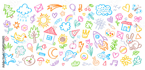 Collection of Children's Scribble Doodle Crayon Style Drawings, Hand Drawn Kid Art Vector Illustration Set, Childish Sketches, Toddler Scribbles, Playful Artwork for Educational and Creative Use