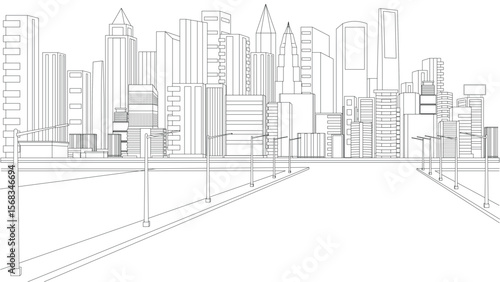 City Skyline with Road and Street Lights, Hand drawn city building illustration in line style