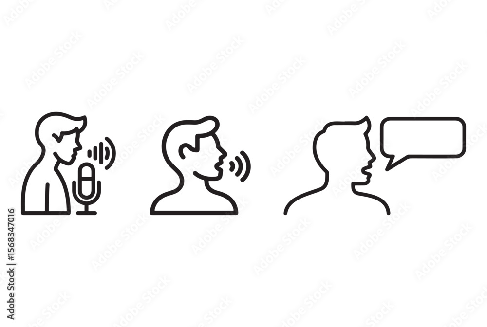 Three icons representing speaking and communication with sound waves and speech bubble isolated on white background Three icons representing speaking and communication with sound waves and speech bubble isolated on white background