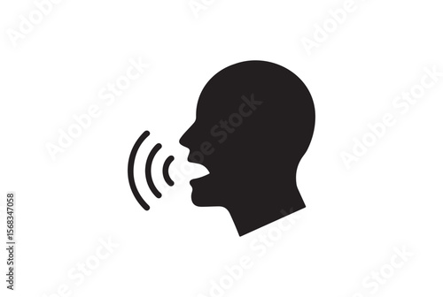 Black silhouette of a human head speaking with sound waves emanating from the mouth isolated on white background