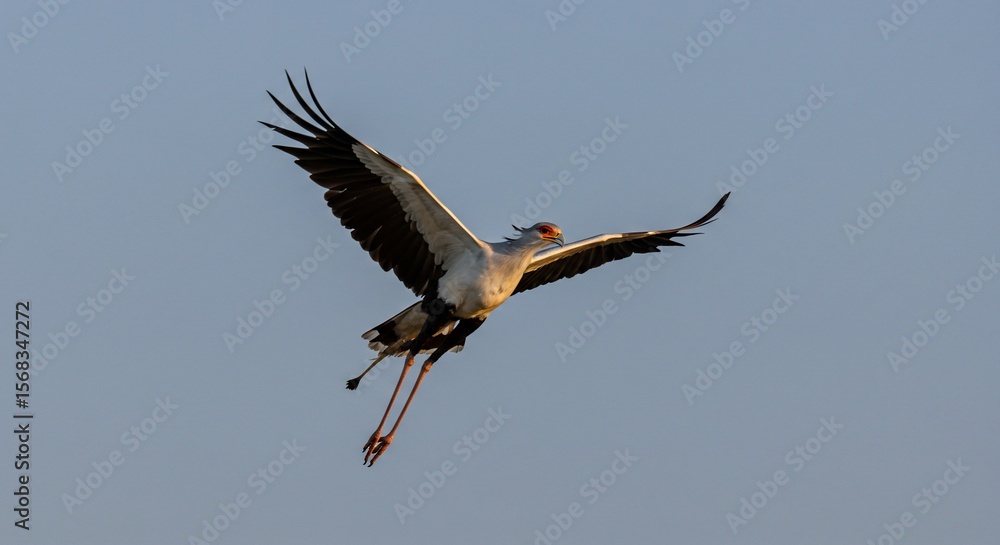 Fototapeta premium Secretary Bird Soaring Elegantly Against a Pale Blue Sky, Wings Spread Wide
