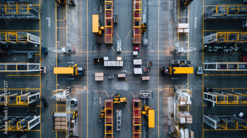 Bird's eye view of modern fulfillment center with geometric arrangement of robotic stations, clean industrial design, organized efficiency