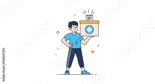 Young Man Holds Up a First Aid Kit with a Cross Symbol and Bright Light Indicating Health and Safety Preparedness