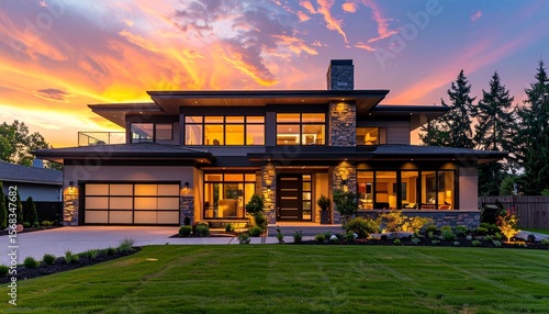 Exquisite Luxury Home Exterior In Modern Style At Sunset, Stunning Modern Luxury Home