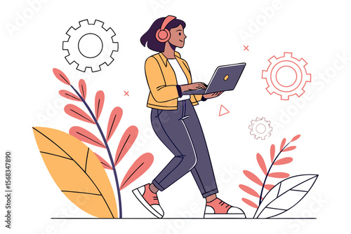 Digital Nomad in Nature: A vibrant illustration captures a woman, engrossed in her laptop and headphones, navigating a whimsical outdoor environment amidst gear-shaped design elements.