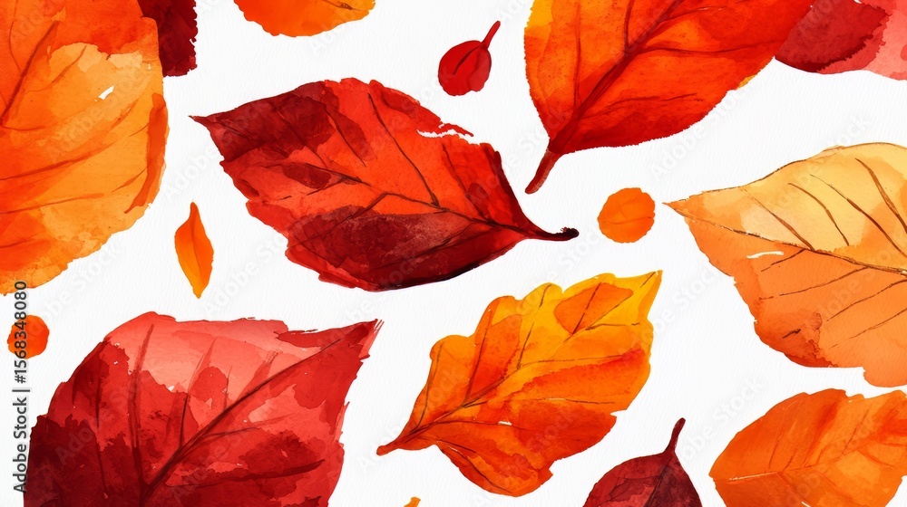 Fototapeta premium Painting of many orange leaves with a white background. The leaves are painted in different sizes and shapes, and some are overlapping. The overall mood of the painting is warm and inviting