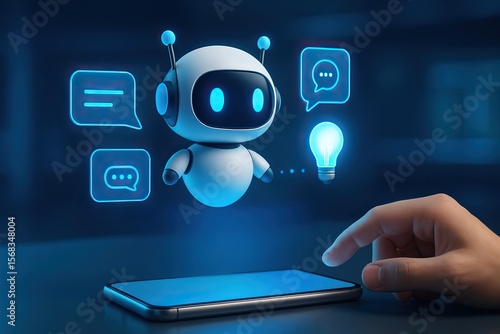 Wallpaper Mural AI chatbot robot hovering above smartphone with glowing speech bubbles and light bulb icon symbolizing innovation and communication Torontodigital.ca