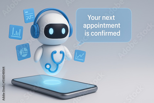 Wallpaper Mural Your next appointment is confirmed message with medical robot assistant wearing headphones floating above smartphone, healthcare technology concept, digital health support Torontodigital.ca
