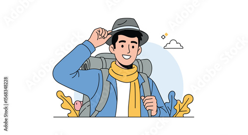 A Man Wearing a Backpack and Hat Enjoys the Journey Outdoors Under a Cloudy Sky