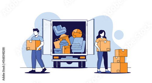 Movers Loading and Unloading Household Furniture and Boxes into a Truck for Relocation