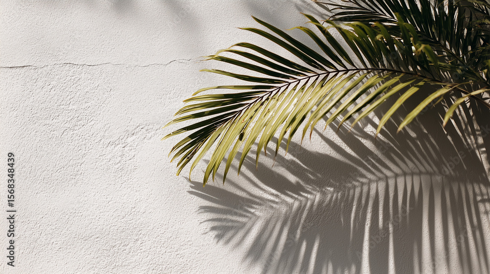 Fototapeta premium Shadow of palm leaf over clean white wall