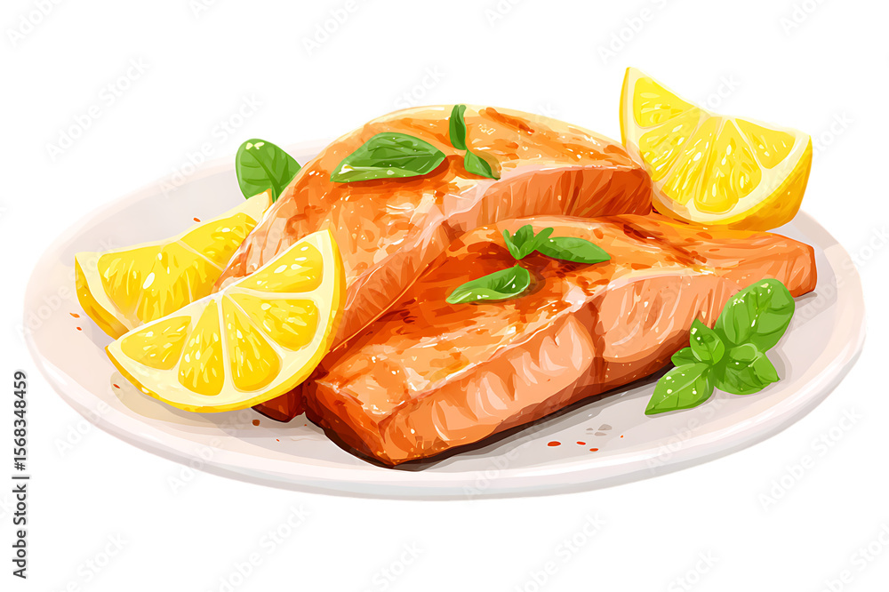 Delicious Grilled Salmon Fillet with Lemon Slices and Fresh Herbs isolated on white background , cutout Delicious Grilled Salmon Fillet with Lemon Slices and Fresh Herbs isolated on white background , cutout