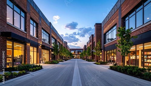 Modern Shopping Center With Brick Facades And Large Windows At Dusk