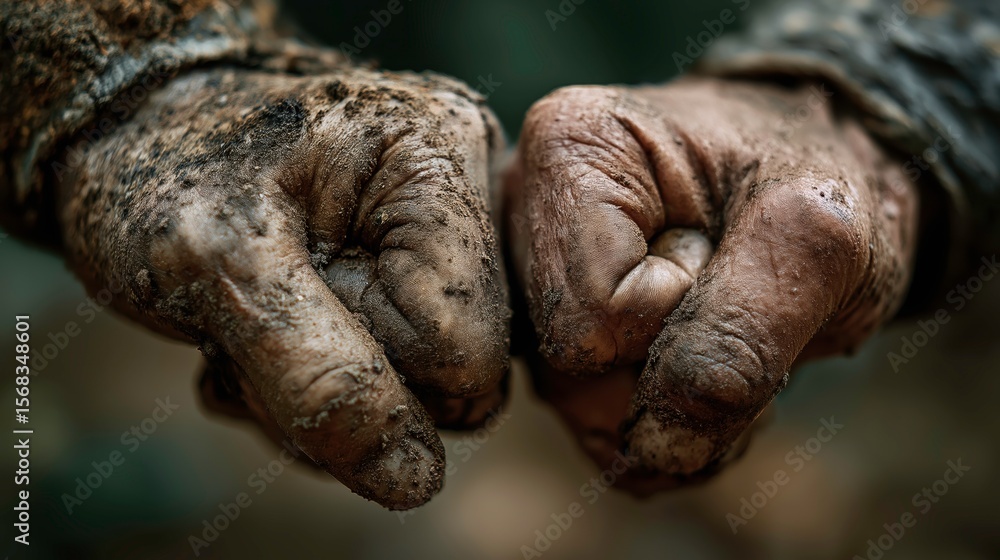 Dirty Hands Clenched Fists Close Up in Earthy Environment Dirty Hands Clenched Fists Close Up in Earthy Environment